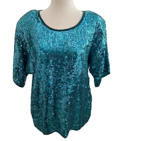 Vintage 80’s Teal Blue Silk Sequined Short Sleeve Top Big Shoulder Pads Medium - Picture 1 of 7